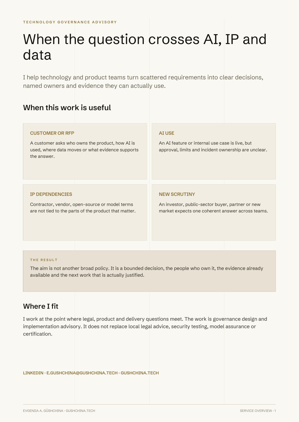 First page preview of Technology Governance Advisory Overview